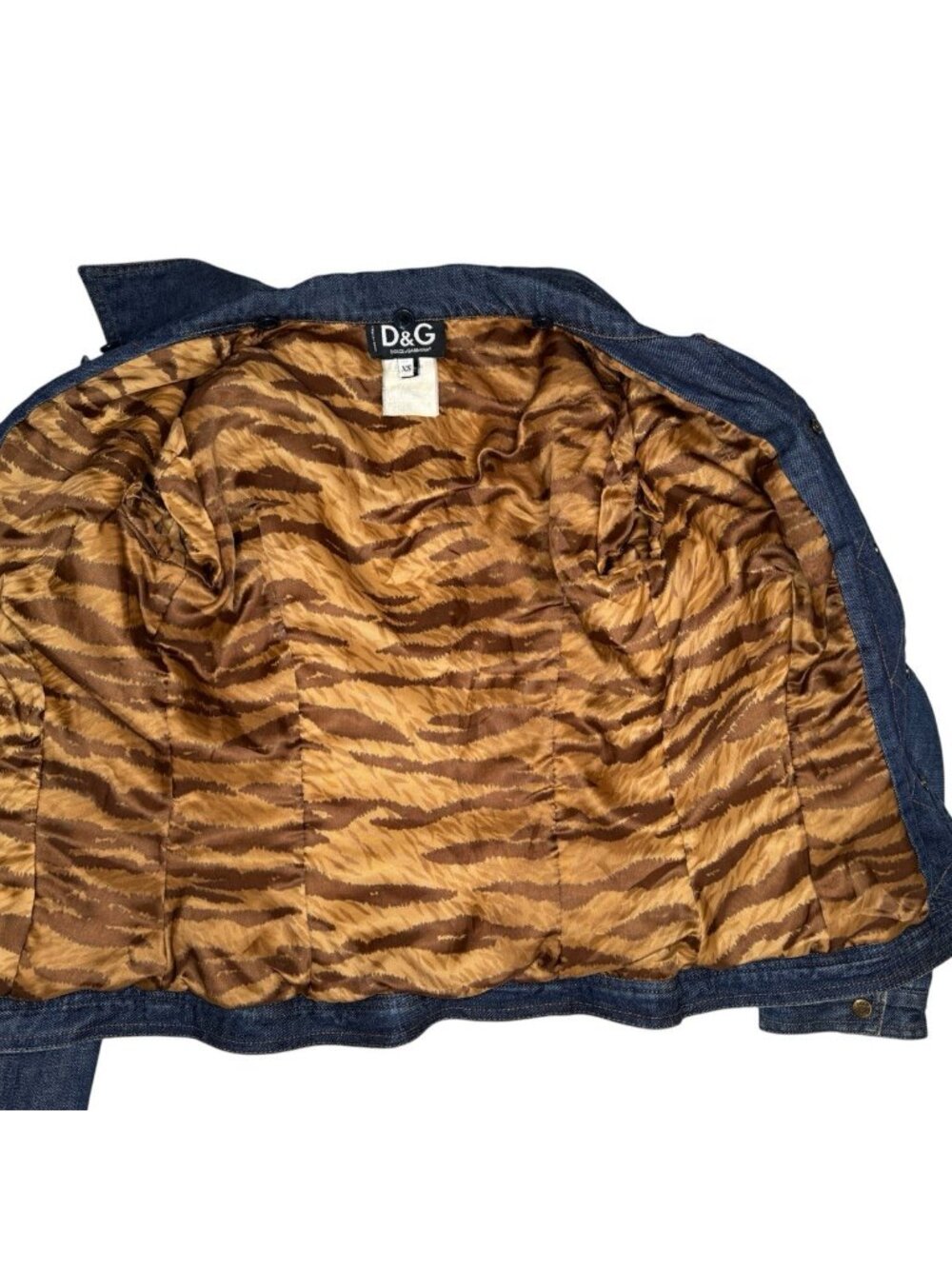 D&G Dolce & Gabbana XS Vintage Y2K Denim Jacket Tiger Stripe Lining Zip Pockets - Picture 6 of 11